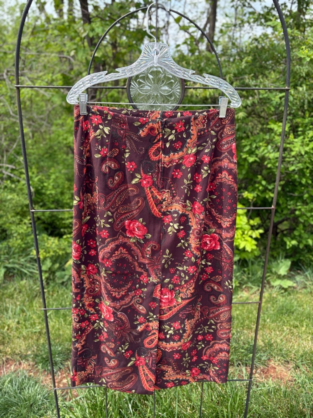 Vintage Briggs New York Brown Midi Skirt Red Floral Print Paisley Women Size 12 - Picture 8 of 14